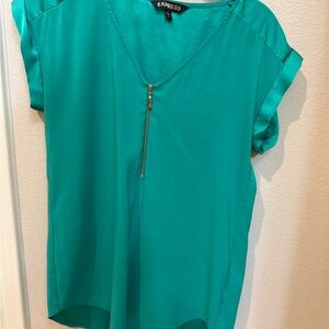 Express Women's Vibrant Green Blouse with Gold Zipper
